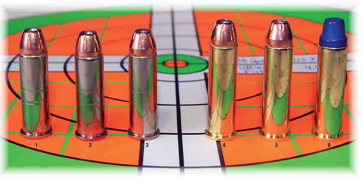A lineup of handloads includes: (1) Hornady 110-grain XTP, (2) Hornady 125-grain XTP and (3) Hornady 140-grain XTP – all in 38 Special; and (4) Hornady 125-grain XTP, (5) Hornady 140-grain XTP and (6) Blue Bullets 158-grain SWC – all in 357 Magnum.